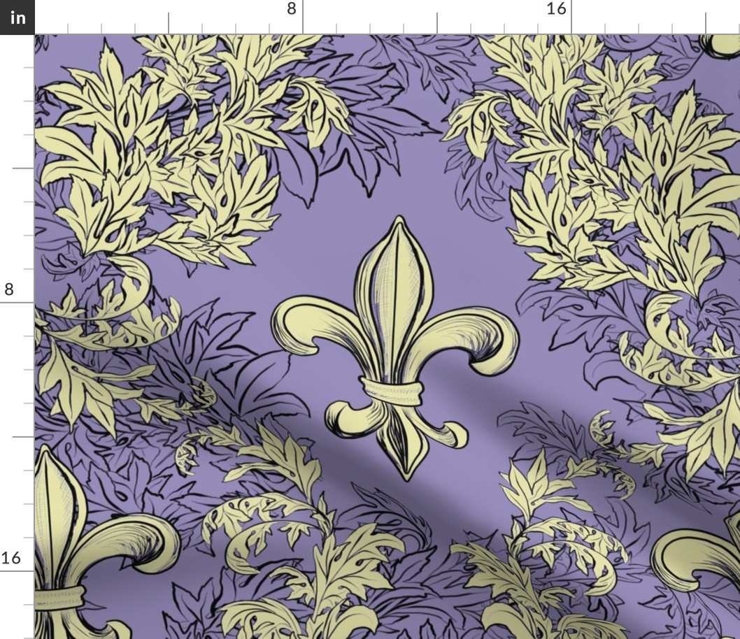 Cream Acanthus Fleur de Lis on Purple Background with black line