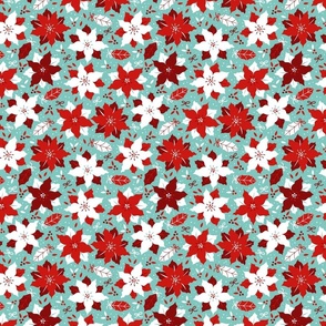 Christmas Red and White Poinsettias Small Repeat on Mint Green Background