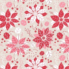 Christmas Red and Pink Poinsettias and Mistletoe Jumbo Repeat on Pale Champagne Background
