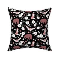 Woodland animals flowers and friends fox bear owls bunny and hedgehogs by night garden blush pink berry on black