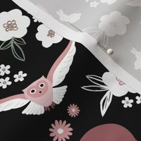 Woodland animals flowers and friends fox bear owls bunny and hedgehogs by night garden blush pink berry on black