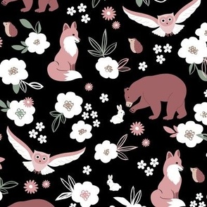Woodland animals flowers and friends fox bear owls bunny and hedgehogs by night garden blush pink berry on black
