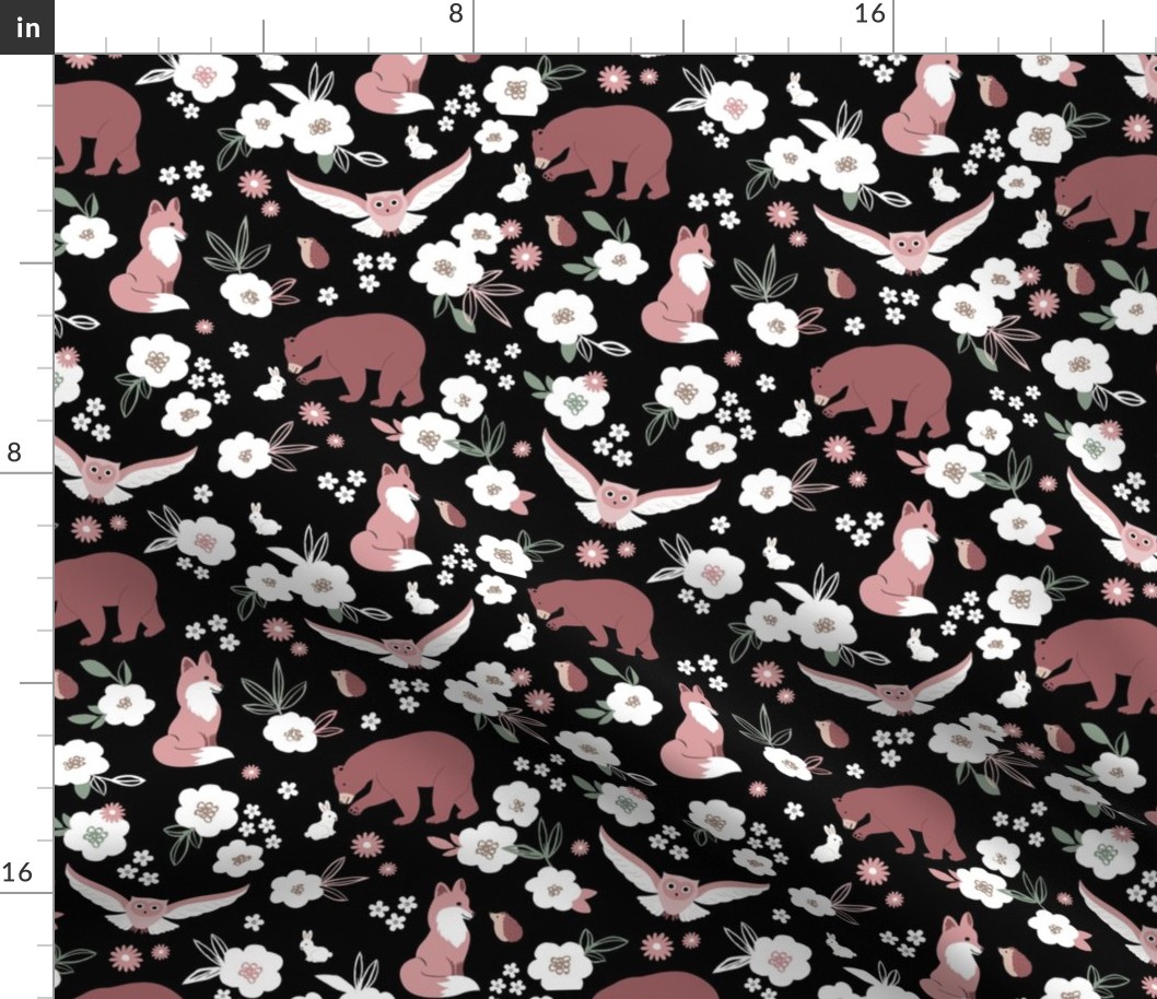 Woodland animals flowers and friends fox bear owls bunny and hedgehogs by night garden blush pink berry on black