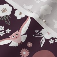 Woodland animals flowers and friends fox bear owls bunny and hedgehogs by night garden blush pink berry on burgundy