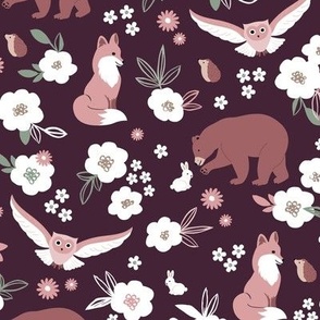 Woodland animals flowers and friends fox bear owls bunny and hedgehogs by night garden blush pink berry on burgundy