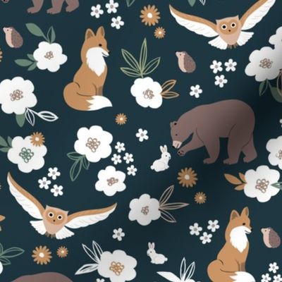 Woodland animals flowers and friends fox bear owls bunny and hedgehogs by night garden ochre golden yellow brown on pine green