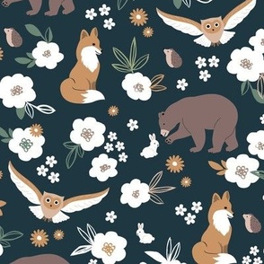 Woodland animals flowers and friends fox bear owls bunny and hedgehogs by night garden ochre golden yellow brown on pine green