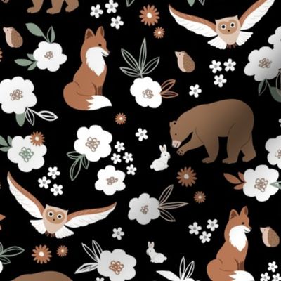 Woodland animals flowers and friends fox bear owls bunny and hedgehogs by night garden terracorra latte brown on black