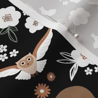 Woodland animals flowers and friends fox bear owls bunny and hedgehogs by night garden terracorra latte brown on black