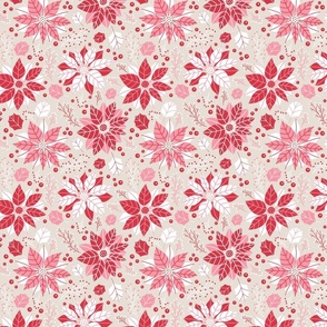 Christmas Red and Pink Poinsettias and Mistletoe Small Repeat on Pale Champagne Background