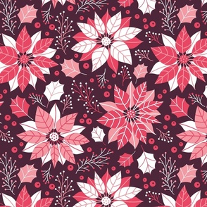 Christmas Red and Pink Jumbo Poinsettias and Mistletoe Repeat on Deep Plum Background