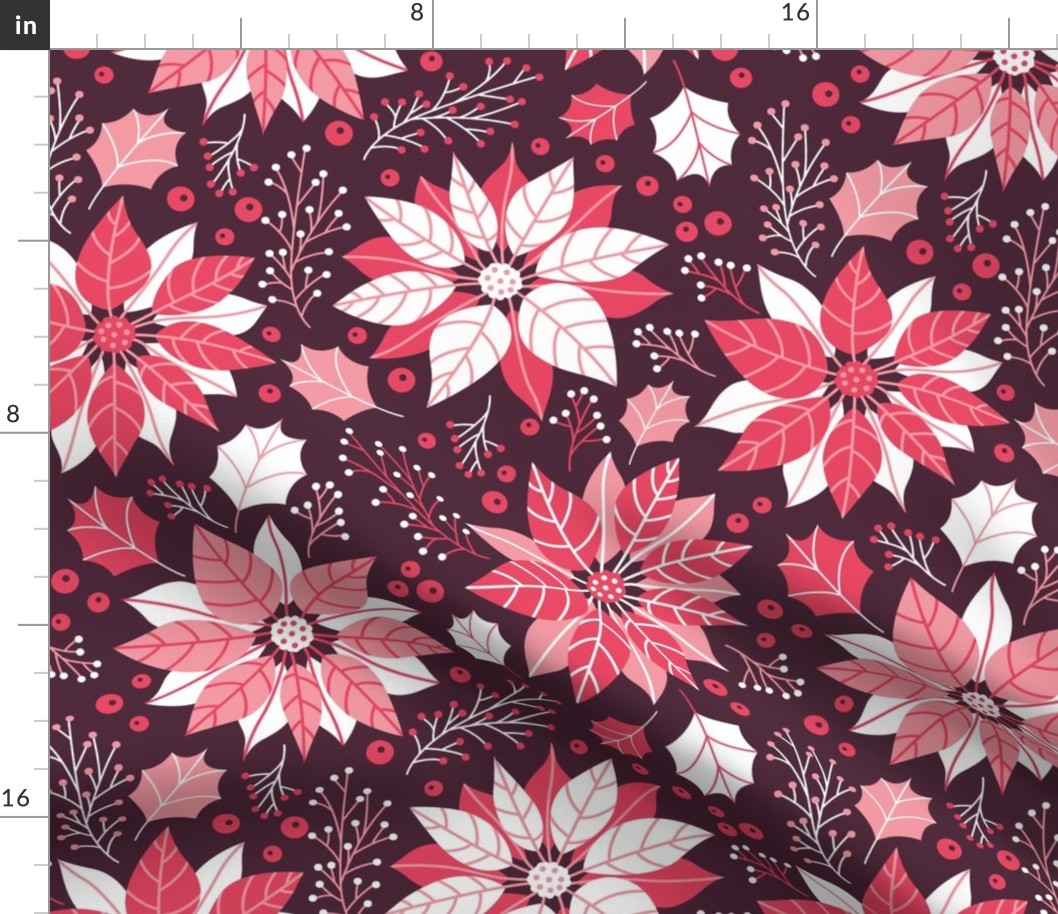 Christmas Red and Pink Jumbo Poinsettias and Mistletoe Repeat on Deep Plum Background