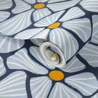 Dark Blue Mosaic Flowers: Floral Seamless Pattern Mosaic Art Retro Dense Modern Abstract Line Art - L