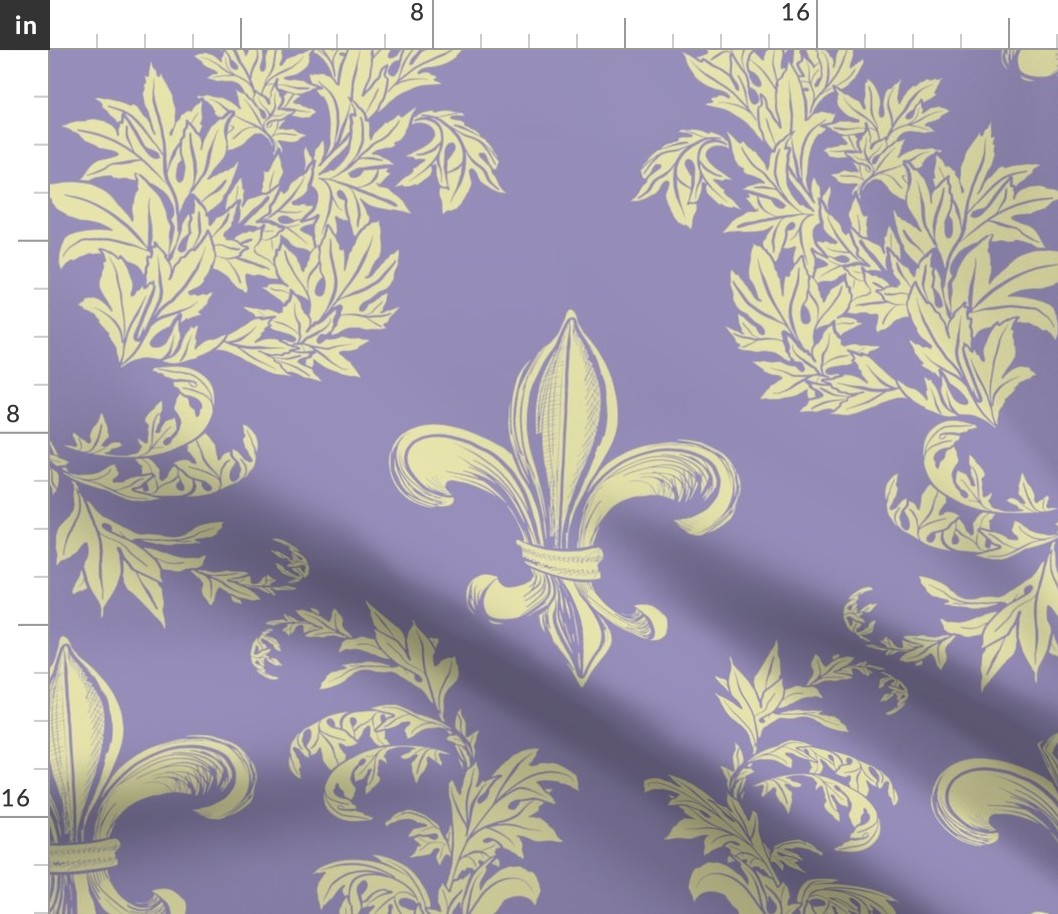 Cream Acanthus Fleur de Lis on Purple Background