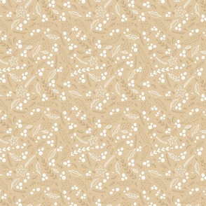 Christmas Beige and White  Small Holly  and Mistletoe Repeat on Pale Gold  Background