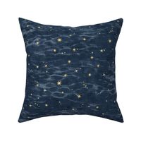 Shibori Stars on Slate | Night sky fabric, block printed gold stars on shibori linen pattern, block print stars on deep royal, navy, constellations, dark blue star fabric.