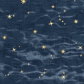 Shibori Stars on Slate | Night sky fabric, block printed gold stars on shibori linen pattern, block print stars on deep royal, navy, constellations, dark blue star fabric.