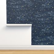 Shibori Stars on Slate (large scale) | Night sky fabric, block printed gold stars on shibori linen pattern, block print stars on deep royal, navy, constellations, dark blue star fabric.