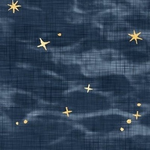 Shibori Stars on Slate (xl scale) | Night sky fabric, block printed gold stars on shibori linen pattern, block print stars on deep royal, navy, constellations, dark blue star fabric.