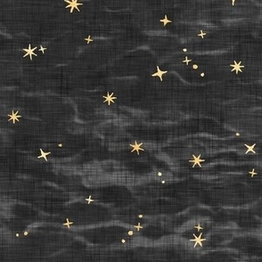 Shibori Stars on Charcoal | Night sky fabric, block printed gold stars on shibori linen pattern, block print stars on dark gray, constellations, black and gold star fabric.
