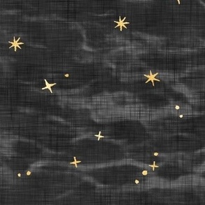 Shibori Stars on Charcoal (large scale) | Night sky fabric, block printed gold stars on shibori linen pattern, block print stars on dark gray, constellations, black and gold star fabric.