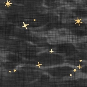 Shibori Stars on Charcoal (xl scale) | Night sky fabric, block printed gold stars on shibori linen pattern, block print stars on dark gray, constellations, black and gold star fabric.