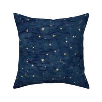 Shibori Stars on Dark Indigo | Night sky fabric, block printed gold stars on shibori linen pattern, block print stars on dark blue, navy, constellations, star fabric.