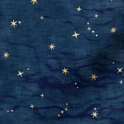 Shibori Stars on Dark Indigo | Night sky fabric, block printed gold stars on shibori linen pattern, block print stars on dark blue, navy, constellations, star fabric.
