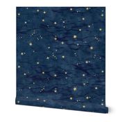 Shibori Stars on Dark Indigo (large scale) | Night sky fabric, block printed gold stars on shibori linen pattern, block print stars on dark blue, navy, constellations, star fabric.