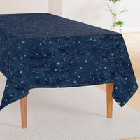 Shibori Stars on Dark Indigo (large scale) | Night sky fabric, block printed gold stars on shibori linen pattern, block print stars on dark blue, navy, constellations, star fabric.