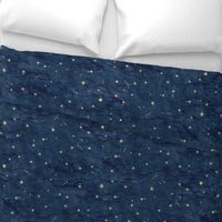 Shibori Stars on Dark Indigo (large scale) | Night sky fabric, block printed gold stars on shibori linen pattern, block print stars on dark blue, navy, constellations, star fabric.