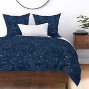 Shibori Stars on Dark Indigo (xl scale) | Night sky fabric, block printed gold stars on shibori linen pattern, block print stars on dark blue, navy, constellations, star fabric.