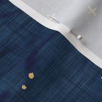 Shibori Stars on Dark Indigo (xl scale) | Night sky fabric, block printed gold stars on shibori linen pattern, block print stars on dark blue, navy, constellations, star fabric.