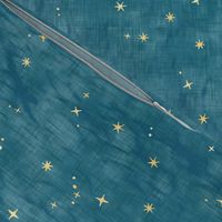 Shibori Stars on Teal | Night sky fabric, block printed gold stars on shibori linen pattern, block print stars on blue green, constellations, blue star fabric.