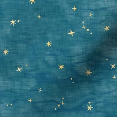 Shibori Stars on Teal | Night sky fabric, block printed gold stars on shibori linen pattern, block print stars on blue green, constellations, blue star fabric.