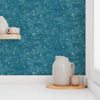 Shibori Stars on Teal | Night sky fabric, block printed gold stars on shibori linen pattern, block print stars on blue green, constellations, blue star fabric.