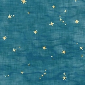 Shibori Stars on Teal | Night sky fabric, block printed gold stars on shibori linen pattern, block print stars on blue green, constellations, blue star fabric.