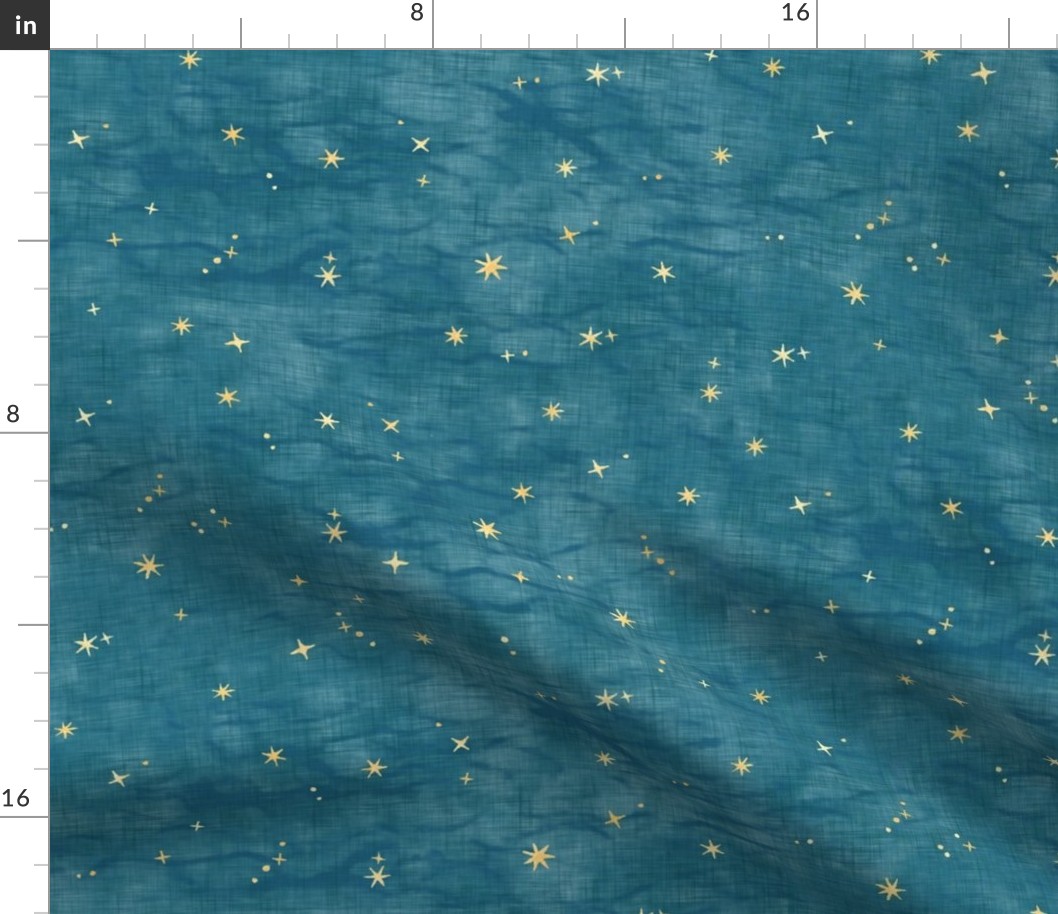 Shibori Stars on Teal | Night sky fabric, block printed gold stars on shibori linen pattern, block print stars on blue green, constellations, blue star fabric.