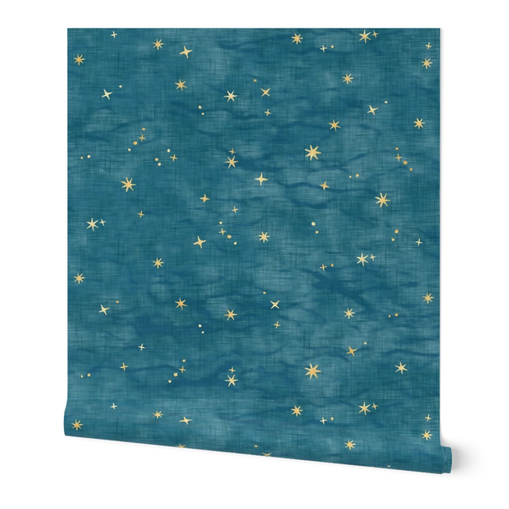 Shibori Stars on Teal (large scale) | Night sky fabric, block printed gold stars on shibori linen pattern, block print stars on blue green, constellations, blue star fabric.