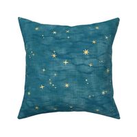 Shibori Stars on Teal (large scale) | Night sky fabric, block printed gold stars on shibori linen pattern, block print stars on blue green, constellations, blue star fabric.