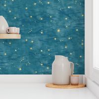 Shibori Stars on Teal (large scale) | Night sky fabric, block printed gold stars on shibori linen pattern, block print stars on blue green, constellations, blue star fabric.
