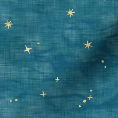 Shibori Stars on Teal (large scale) | Night sky fabric, block printed gold stars on shibori linen pattern, block print stars on blue green, constellations, blue star fabric.