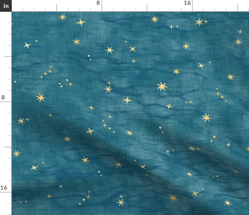 Shibori Stars on Teal (large scale) | Night sky fabric, block printed gold stars on shibori linen pattern, block print stars on blue green, constellations, blue star fabric.