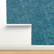 Shibori Stars on Teal (xl scale) | Night sky fabric, block printed gold stars on shibori linen pattern, block print stars on blue green, constellations, blue star fabric.