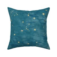 Shibori Stars on Teal (xl scale) | Night sky fabric, block printed gold stars on shibori linen pattern, block print stars on blue green, constellations, blue star fabric.