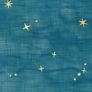 Shibori Stars on Teal (xl scale) | Night sky fabric, block printed gold stars on shibori linen pattern, block print stars on blue green, constellations, blue star fabric.