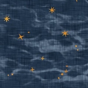 Shibori Stars on Slate (large scale) | Night sky fabric, block printed, copper gold stars on shibori linen pattern, block print stars on deep royal, navy, constellations, dark blue star fabric.