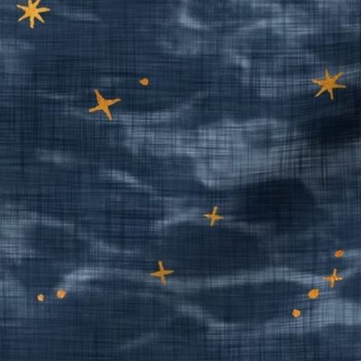 Shibori Stars on Slate (xl scale) | Night sky fabric, block printed, copper gold stars on shibori linen pattern, block print stars on deep royal, navy, constellations, dark blue star fabric.