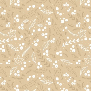 Christmas Beige and White  Jumbo Holly  and Mistletoe Repeat on Pale Gold  Background