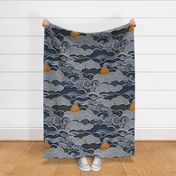 Cozy Night Sky Extra Large- Full Moon and Stars Over the Clouds- Navy Blue- Indigo- Gold- Mustard- Home Decor- Wallpaper- Large Scale